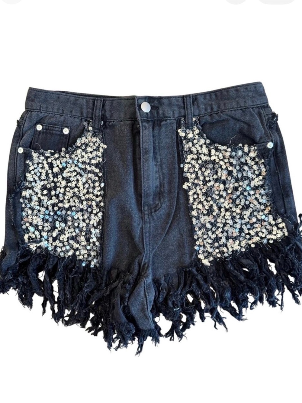 POL Black Sequin Fringe Denim Shorts NWOT Boho Festival Western Glam Large